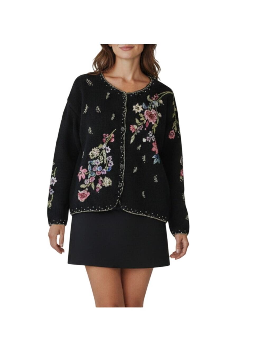 TIARA Vintage 90s Embroidered Knit Cardigan Women L Black Retro Unique Old Money